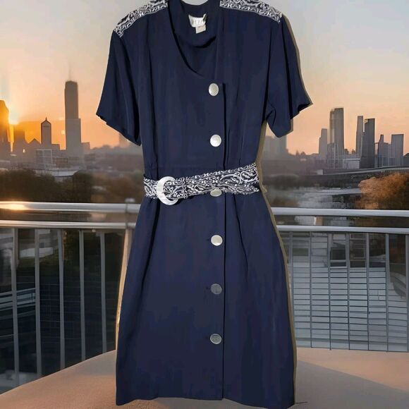 Vintage Petite Sophisticate Women's Career Dress Size Medium Navy Blue Belted - Picture 1 of 15